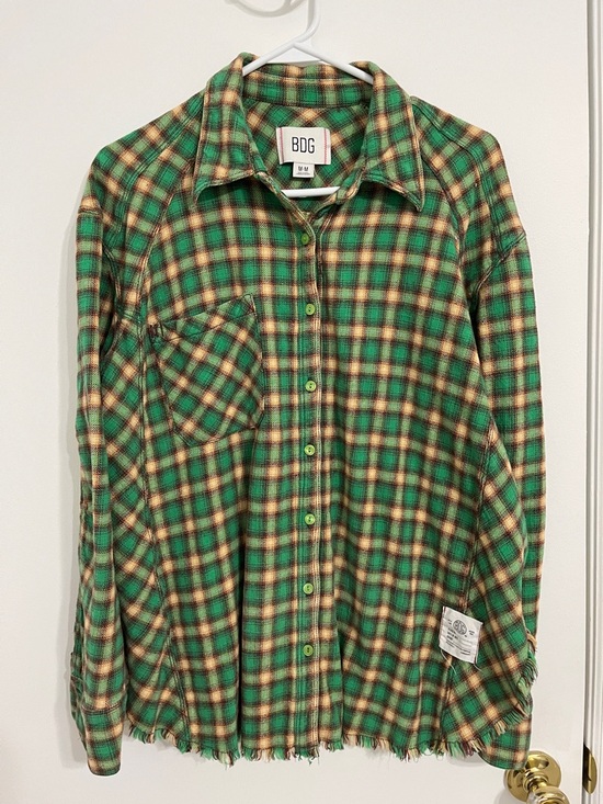 BDG Tops - BDG Green Plaid Flannel Shirt with Tan Accents